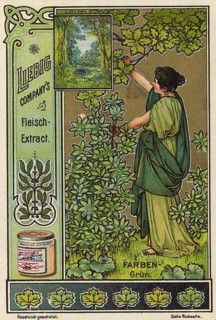 Picture series The colors, green, woman in antique garments in front of lush foliage, symbolizing