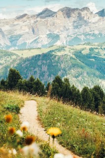 Aerial view Beautiful Dolomites mountain landscape Italy rocky jagged peaks green alpine valley