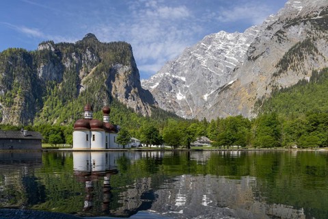 Boat trip on Lake Königssee with a view of St. Bartholomä, Berchtesgaden National Park, Germany