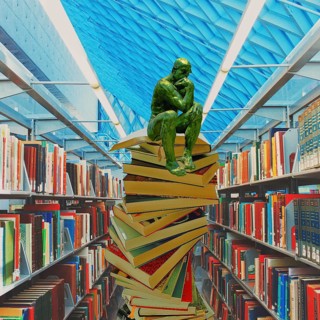 Symbolic image for Rodin's thinker sitting on stacks of books, humor, library, books, literature,
