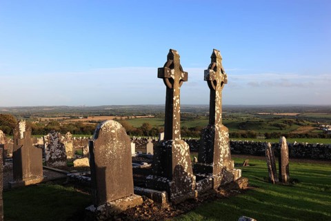 Cemetery and ruins of the monastery church on the Hill of Slane, Leinster province, Ireland