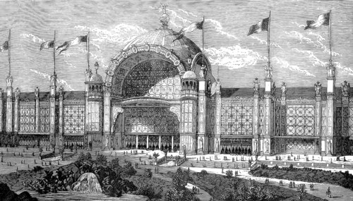 Main entrance to the Palais du Champ de Mars during the World's Fair in Paris 1878. The building