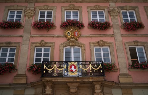 Balcony with unicorn in city coat of arms Town Hall, Schwäbisch Gmünd, Baden-Württemberg, Germany