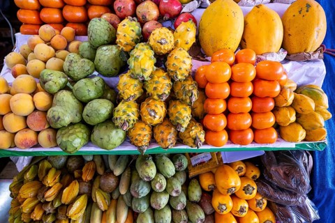 Various exotic fruits, papaya, cherimoya, dragon fruit (yellow pitayas), peaches and mandarins at a
