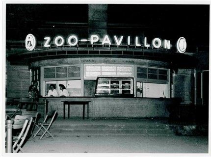 Zoo Pavilion, Zoological Garden, Berlin, Tiergarten, snack bar, rotbau kiosk with neon lettering at