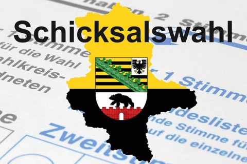(photo montage) Graphic with the outline and coat of arms of Saxony-Anhalt and the text CHOICE OF