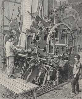 Multicolor cylinder fabric printing machine in the Dollfus-Mieg workshops, rotary printing press