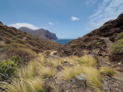 Grassy, barren landscape with sea views and mountains under slightly cloudy sky, La Aldea de San
