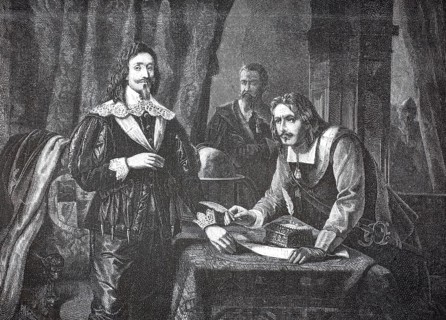 The picture shows an important, dramatic scene from the time of the English Civil War in the 17th