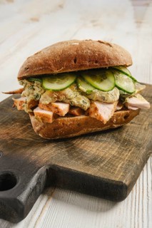 Grilled chicken on whole grain bread. Creamy mushroom sauce spreads atop chicken while thin
