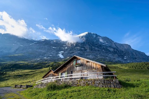 Alpine hut and summit of the Eiger, Alpiglen, Grindelwald, Bernese Oberland, Switzerland