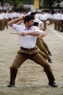 Rashtriya Swayamsevak Sangh (RSS) volunteers participate in an annual event, in Guwahati, Assam,