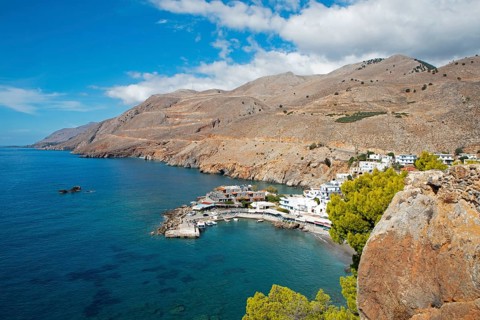 View of Chóra Sfakion and the Leka Ori or White Mountains on the Libyan Sea, Sfakia Municipality,