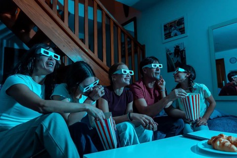 Family members sitting on a couch in a dimly lit living room, wearing 3d glasses, smiling and
