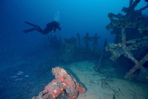 A diver examines an overcast wreck at the bottom of the sea, dive site Wreck Ville de Grasse,