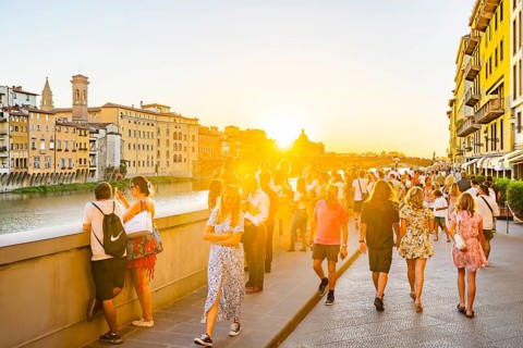Promenade at arno river at sunset, Florence, UNESCO World Heritage Site, Tuscany, Italy