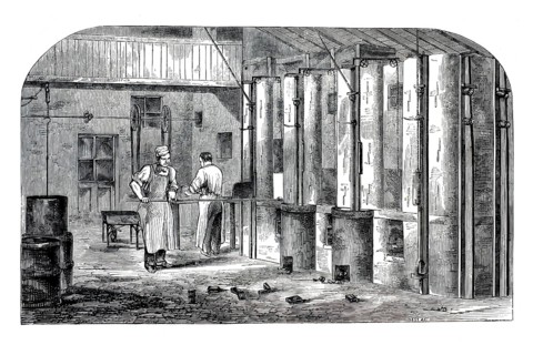 19th century illustration shows the muffle oven room in a steel spring factory. On the right side,