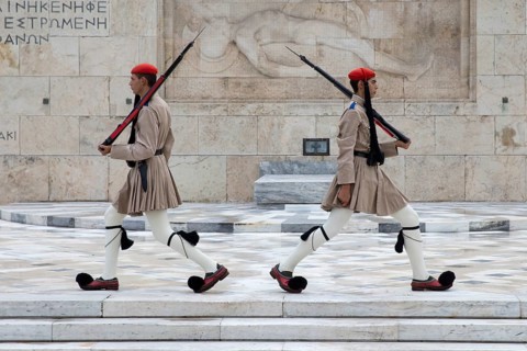 Evzones of the Parliament Guard marching past the Greek Parliament Athens, Greece