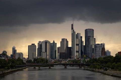 Dark rain clouds sweep across Frankfurt's banking skyline, Frankfurt am Main, Hesse, Germany