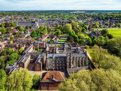 Winchester Cathedral from a drone, Winchester, Hampshire, England, United Kingdom