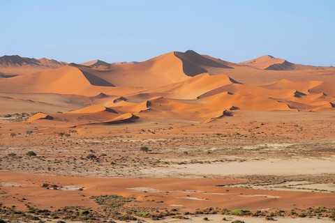 Red yellow sand dunes and white salt pans of the Namib, Namib Desert, Namib-Naukluft National Park,