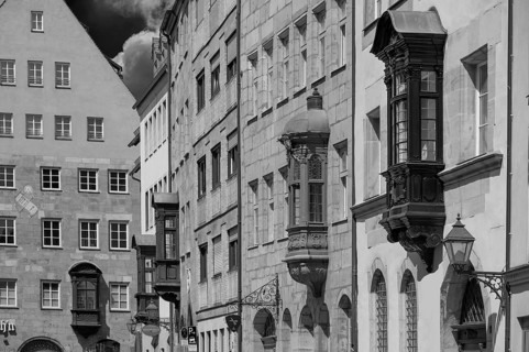 Historical choirs at residential buildings in the old town, black and white, Füll, Nuremberg,