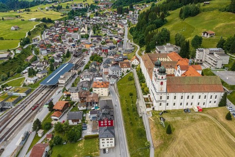 Aerial view of monastery Disentis, village Disentis, Switzerland