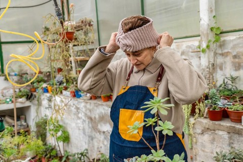 Older woman adjusts a pink knit headband on her head while wearing a denim apron inside her home