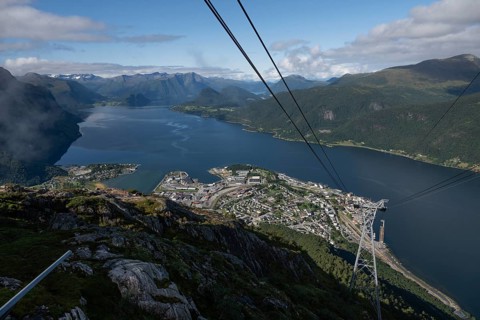 View from the Romsdal gondola or cable car or Romsdalsgondolen from Romsdalsstigen to Åndalsnes or