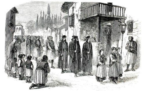 A Greek Orthodox funeral procession circa 1870. In the centre are three Greek Orthodox clergymen in