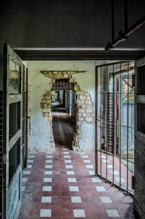Long dilapidated corridor in the former lung sanatorium and lost place health resort Grabowsee,