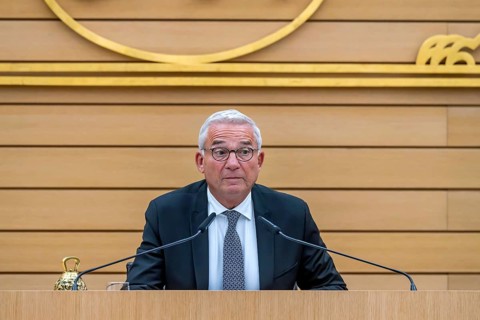 Thomas Strobl, CDU, new president of the state parliament. Portrait in front of the national coat