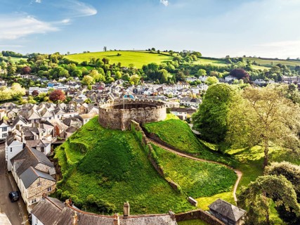 Totnes Castle from a drone, Totnes, River Dart, Devon, England, United Kingdom