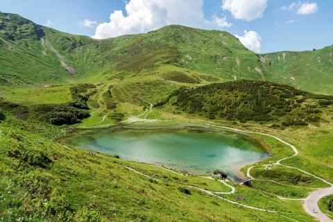 View of Schlappoldsee, Oberstdorf, Oberallgäu, Allgäu, Bavaria, Germany