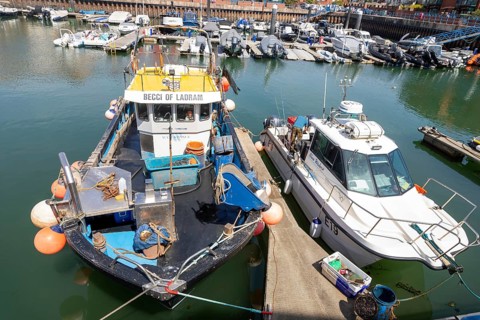 Boats at moorings including Becci of Ladram fishing boat vessel, Exmouth Quay marina, Exmouth,