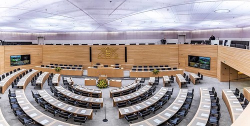 Empty meeting room in front of the start of the plenary session. Constituent session of the 18th