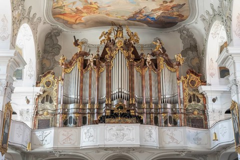 Baroque main organ in the Cathedral of Our Lady in Lindau am Lake Constance, Swabia, Bavaria,