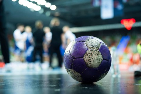 The ball on the court during a break of the handball match in Lubin, Poland
