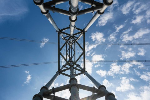 The 60-meter high and 185-ton Neckarline pylon seen from a frog's eye view, a suspension bridge up