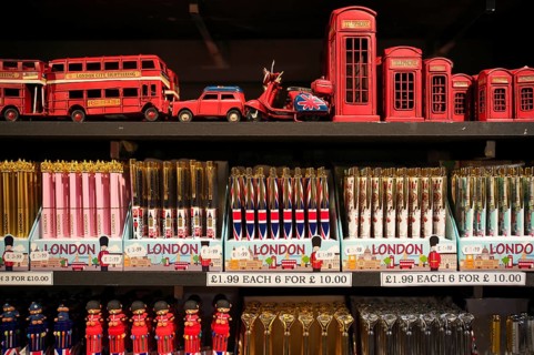 Miniatures of red telephone box, double-decker bus, pens, souvenir shop, souvenirs, Kensington,