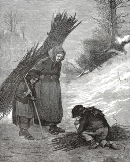 An elderly woman and two children collecting wood in a rural, snowy environment. The work focuses