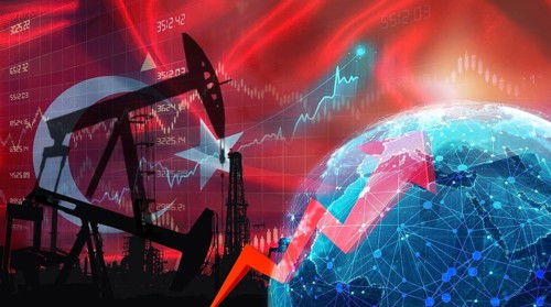 Global oil growth with Turkish flag. International oil exports with Turkey flag on the economic