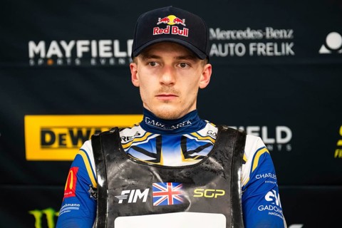 WROCLAW, POLAND - JUNE 20, 2026: DEWALT FIM Speedway GP of Poland. Speedway rider at press