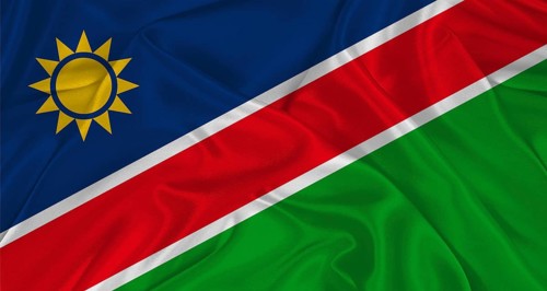 Namibian flag with fabric texture. Realistic flag of Namibia waving, National flag