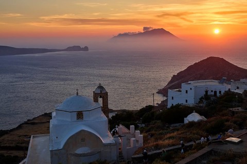 Panagia der Thalassitra church, Panagia Thalassitra, romantic sunset over the sea with a small