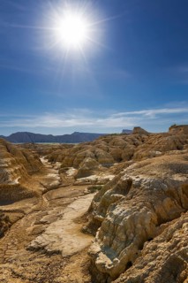 Rock formation caused by erosion in the morning backlight in the Bardenas Reales Natural Park,