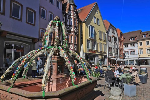 Easter fountain in the old town, Wertheim, Main-Tauber district, Baden-Württemberg, Germany