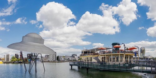 The artwork Spaceship on the banks of the Garonne in Bacalan, Bordeaux, Gironde, France
