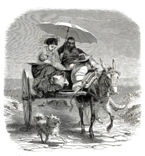 19th century scene in which a family travels with a donkey and a dog. On the cart, which is pulled