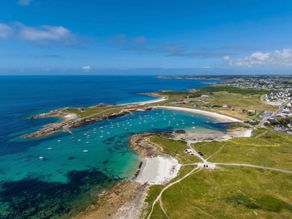 Aerial view of the sandy beaches Plage de Porspaul, center, Plage Porsguen left and Plage de
